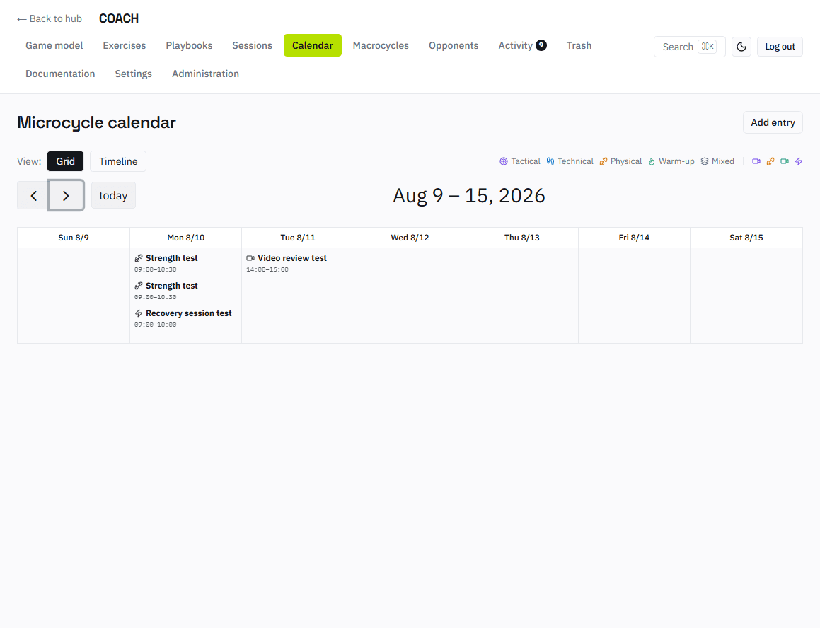Microcycle calendar — weekly session planning with load monitoring