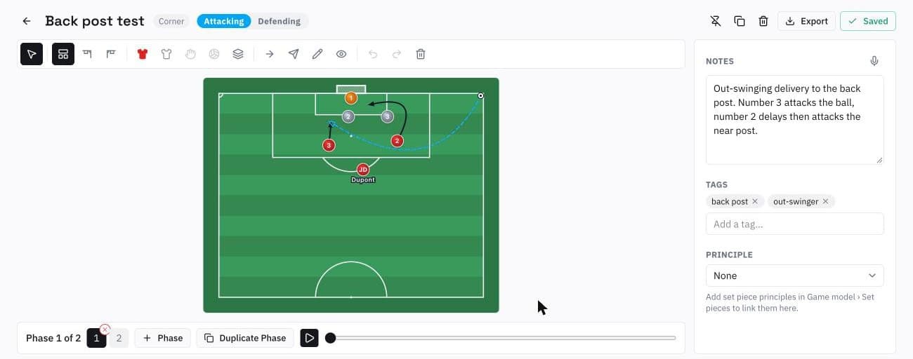 Routine builder with a back post corner: player runs, curved ball delivery, notes and tags