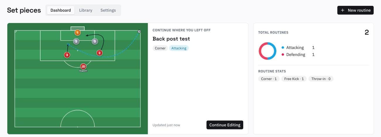 Set pieces dashboard showing the last edited corner routine and totals by type and category