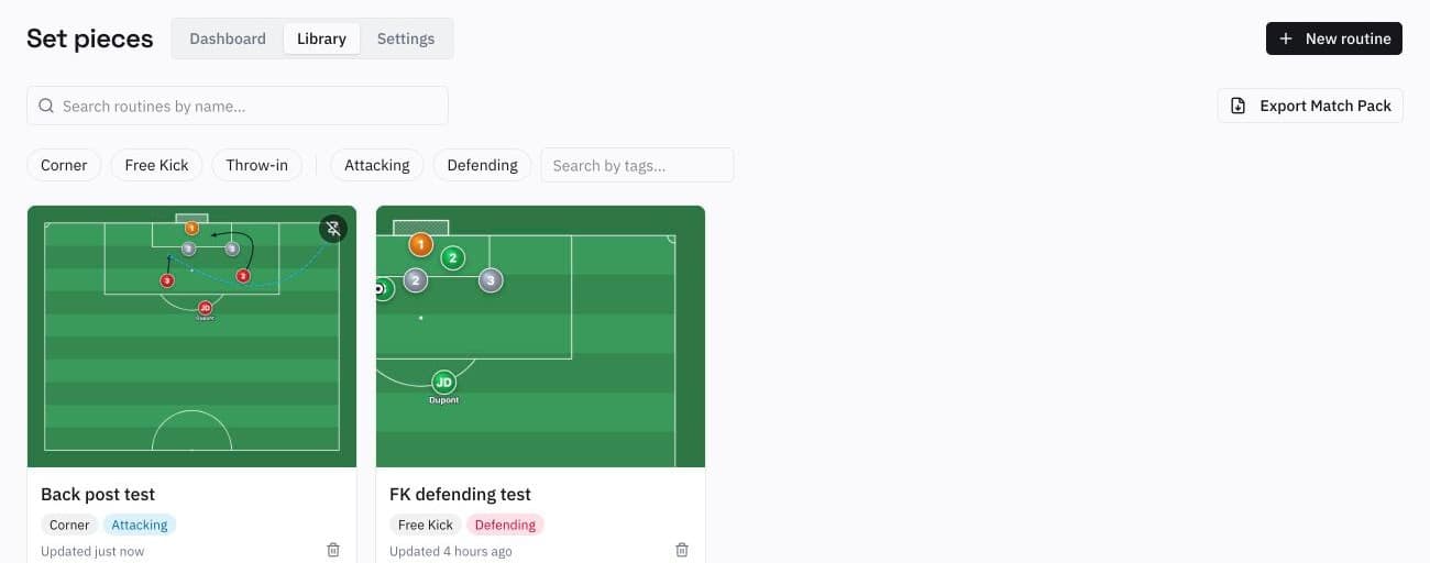 Set pieces library with routine cards filtered by category, type and tags