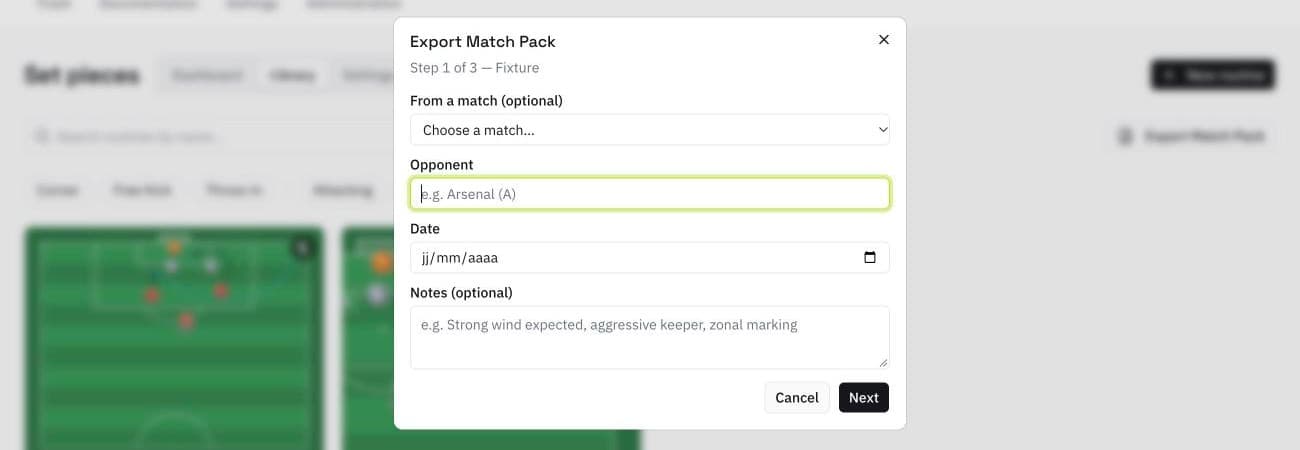 Export Match Pack dialog asking for a match, opponent, date and notes