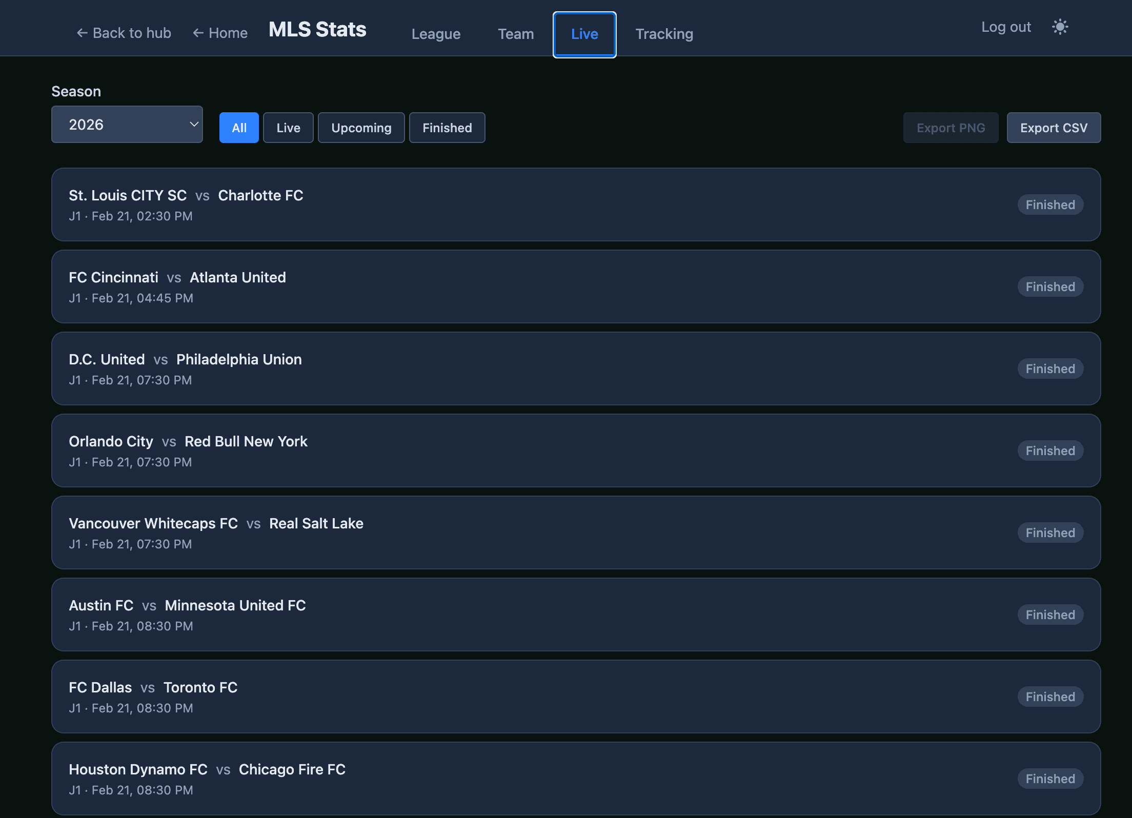 MLS Stats — live match list with league, team, and live tracking tabs