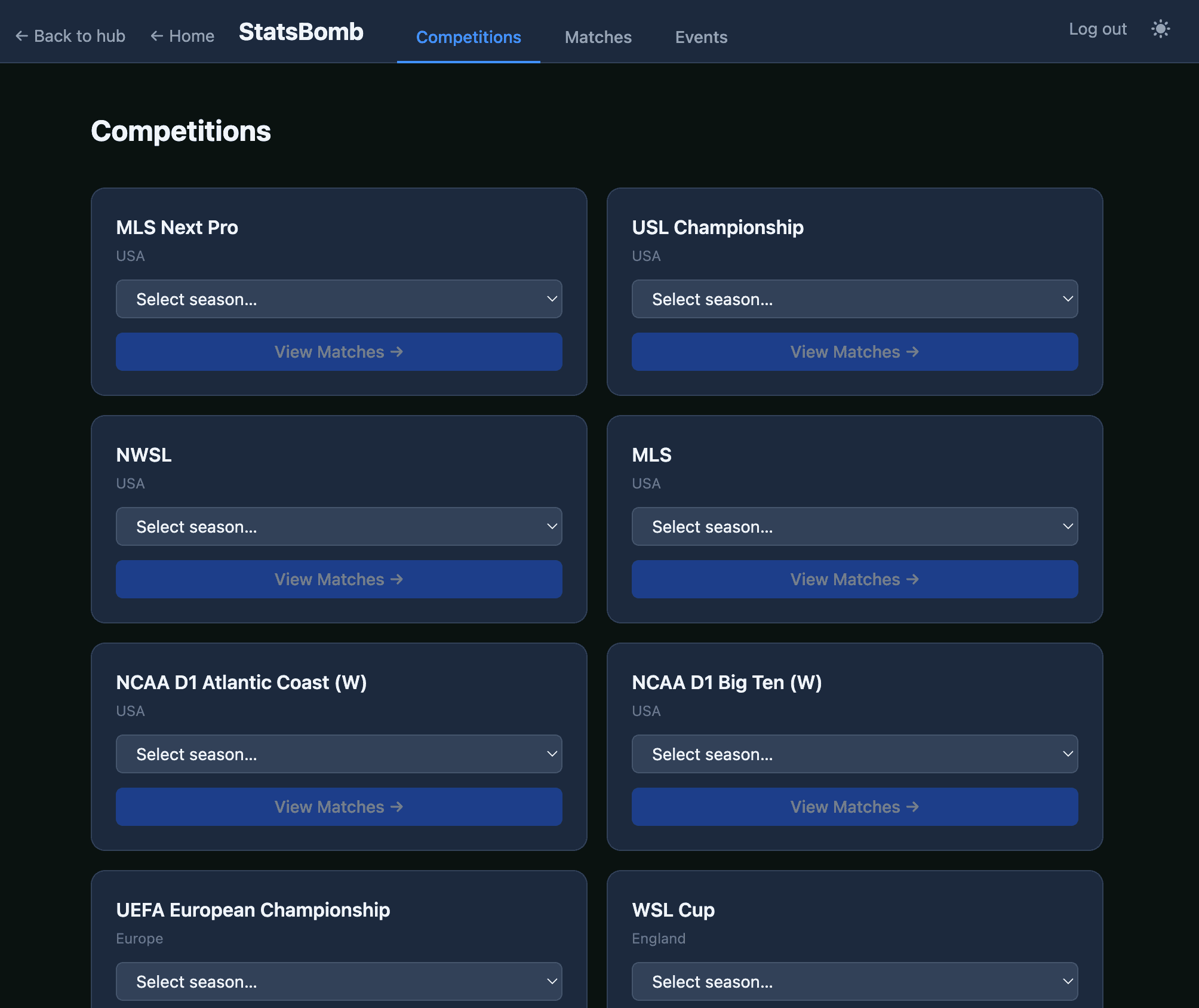 StatsBomb Pro — competitions library including MLS, NWSL, USL Championship, and NCAA